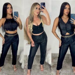 Calça courino preta bolsos laterais