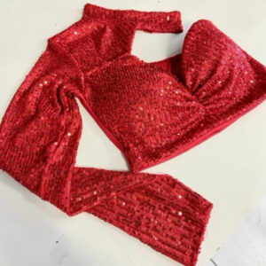 Croped paetê vermelho, uma manga longa, de gola