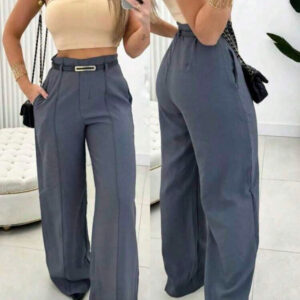 Calça pantalona cinza com cinto